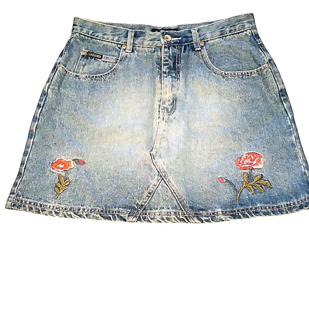 Denim Skirt Vintage Y2K Embroidered Flowers